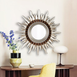 Round Vintage Sunburst Mirror 71cm Silver Wall Mount PU Frame
