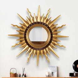 Round Vintage Sunburst Mirror 71cm Gold Wall Mount PU Frame